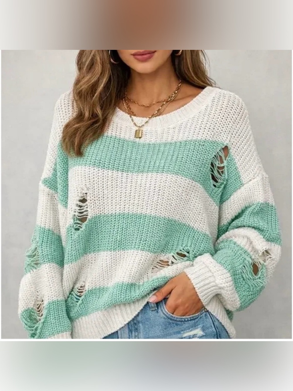 BiBi Unisex Mint & White Distressed Striped Knit Sweater XL